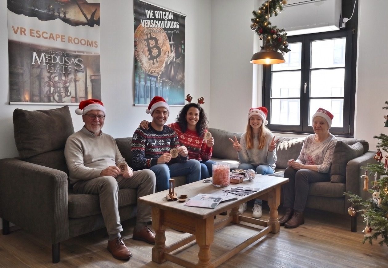Weihnachtsfeier Leipzig, Team mit Weihnachtsmützen im Escape Room